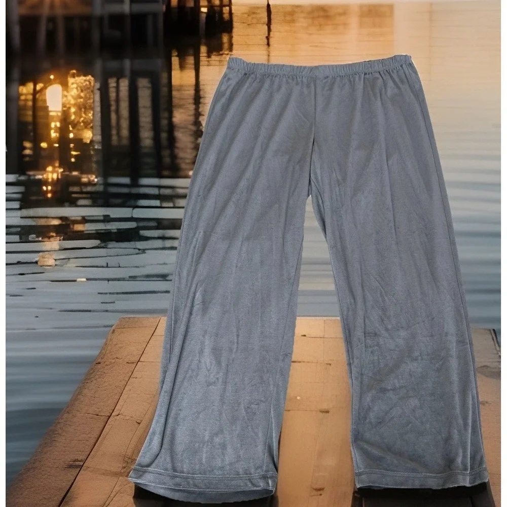 Velour Lounge Pants Women XXL Grey‎ Wide Leg Relaxed Cozy Sleepwear
